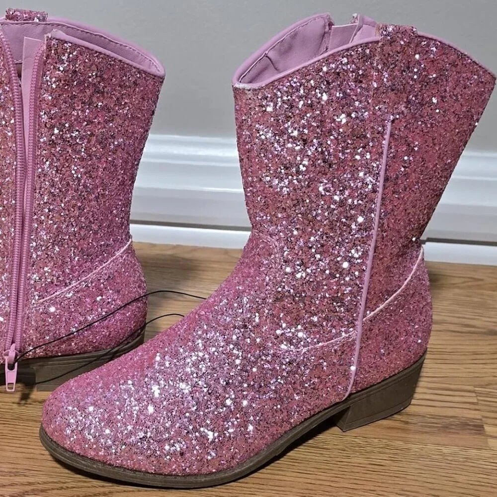 🆕Girls Pink Glitter Manmade Glitter Cowgirl Mid Calf Cowboy Western Boots
